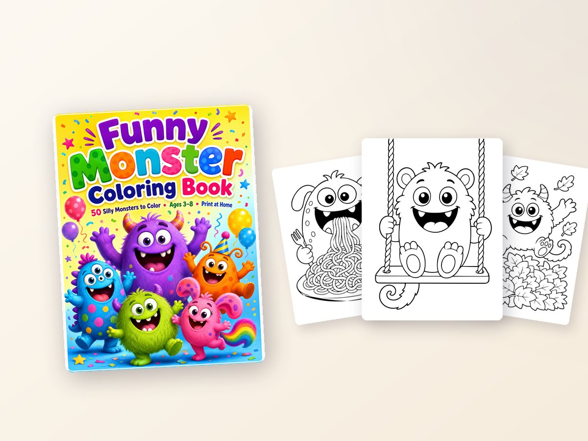 Funny Monster Coloring Book — cover and three real interior pages of bold monster line art.