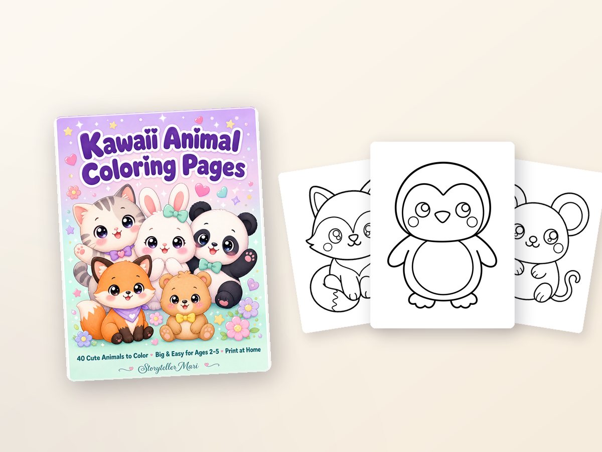 Kawaii Animal Coloring Pages — cover and three real interior pages of simple, round animal outlines.