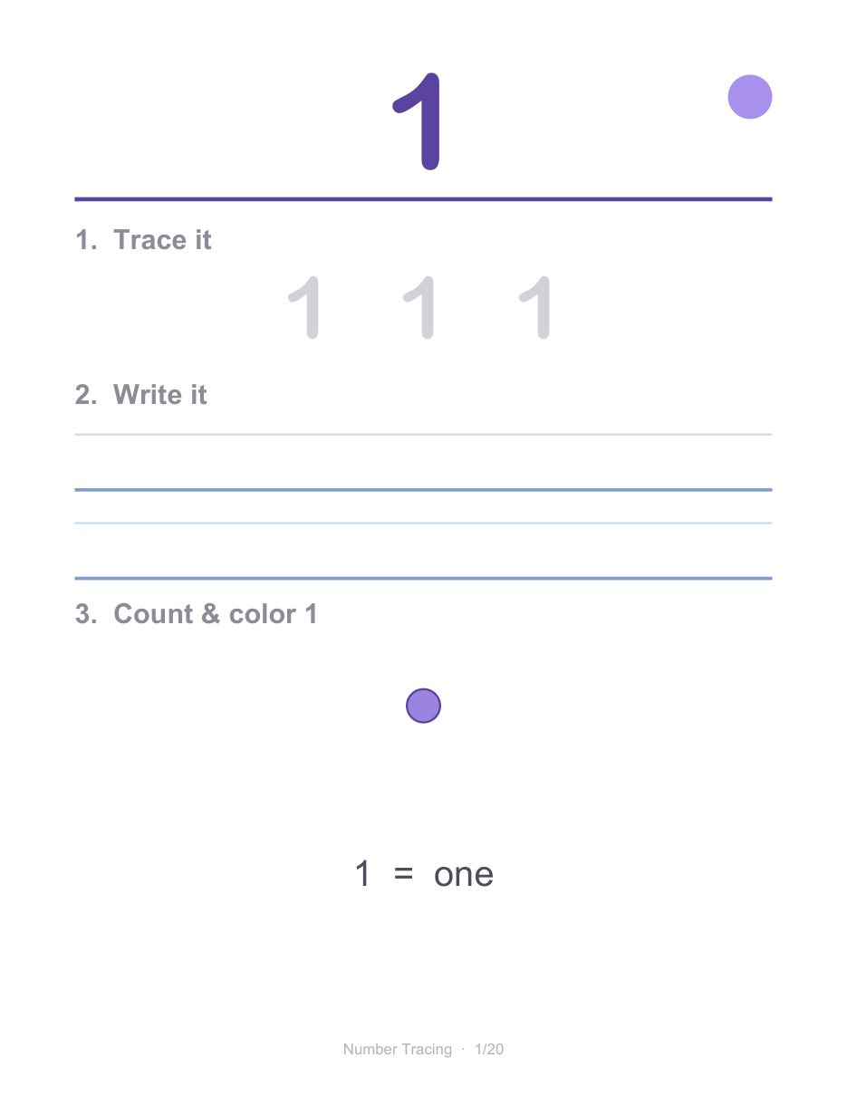 Real page 3 of 24 from the Number Tracing 1-20 workbook.