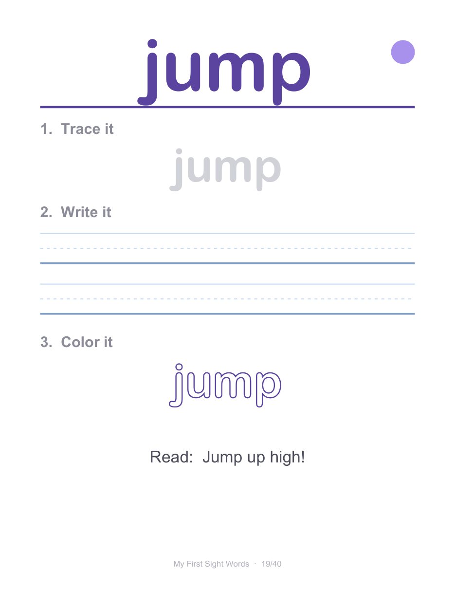 Real page 21 of 44 from the My First Sight Words workbook.