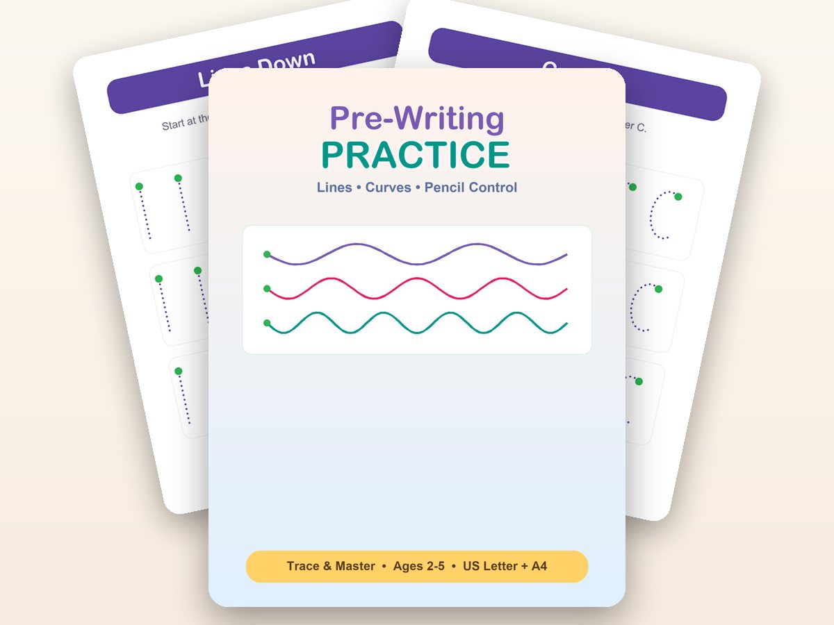Pre-Writing Practice — cover plus real activity pages from inside the file.