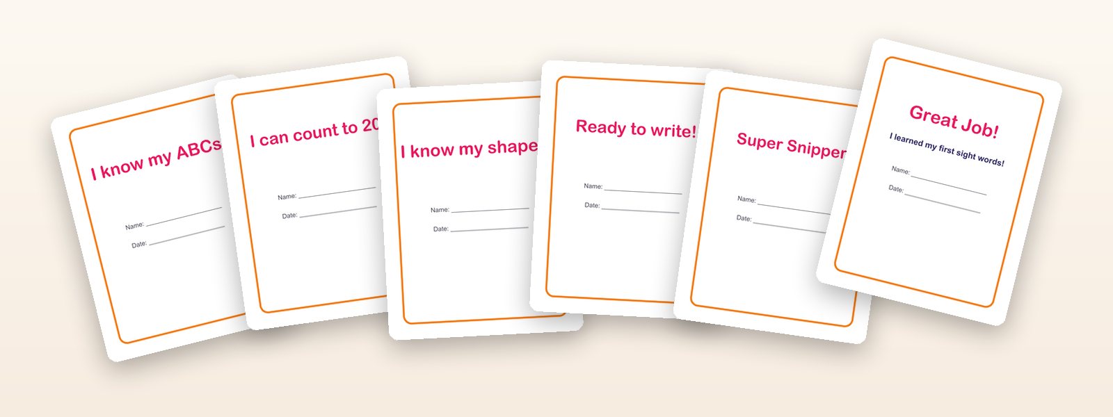 The six certificates from the bundle laid out in a fan, each with a blank Name and Date line to fill in.