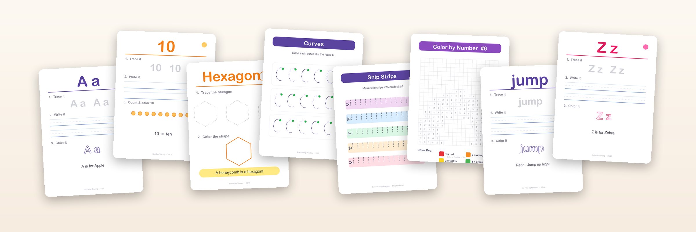 Eight real activity pages laid side by side: letter A tracing, number 10, hexagon, curves, snip strips, a color-by-number picture, the sight word jump, and letter Z.