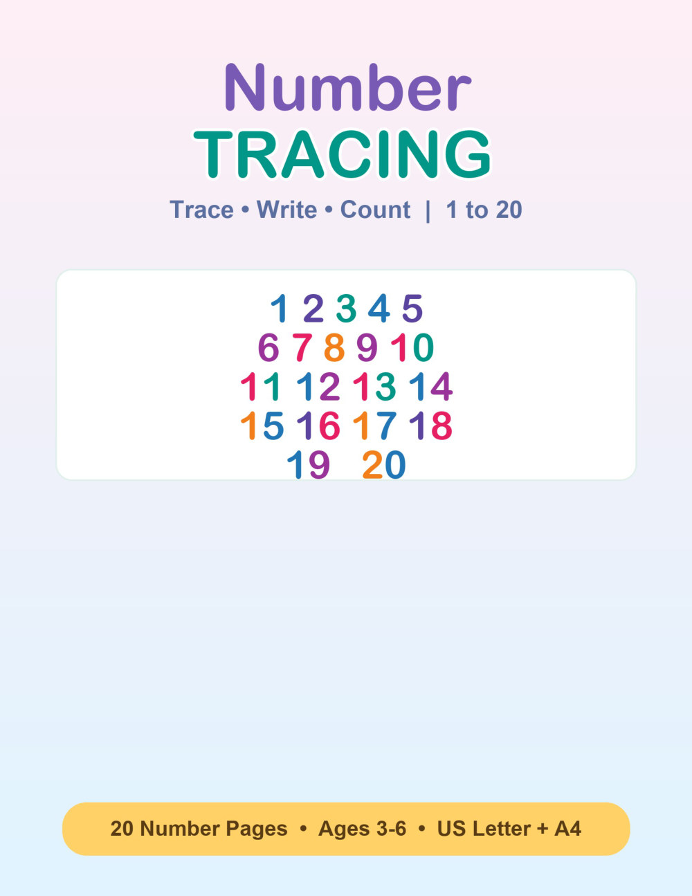 Number Tracing 1-20 cover &mdash; a real preview of the printable pages, ages 3-6.