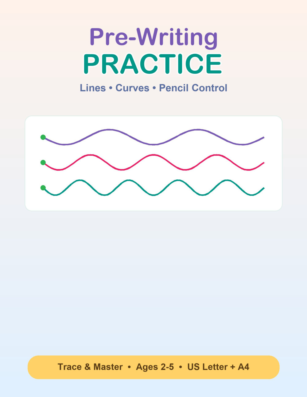 Pre-Writing Practice cover &mdash; a real preview of the printable pages, ages 2-5.