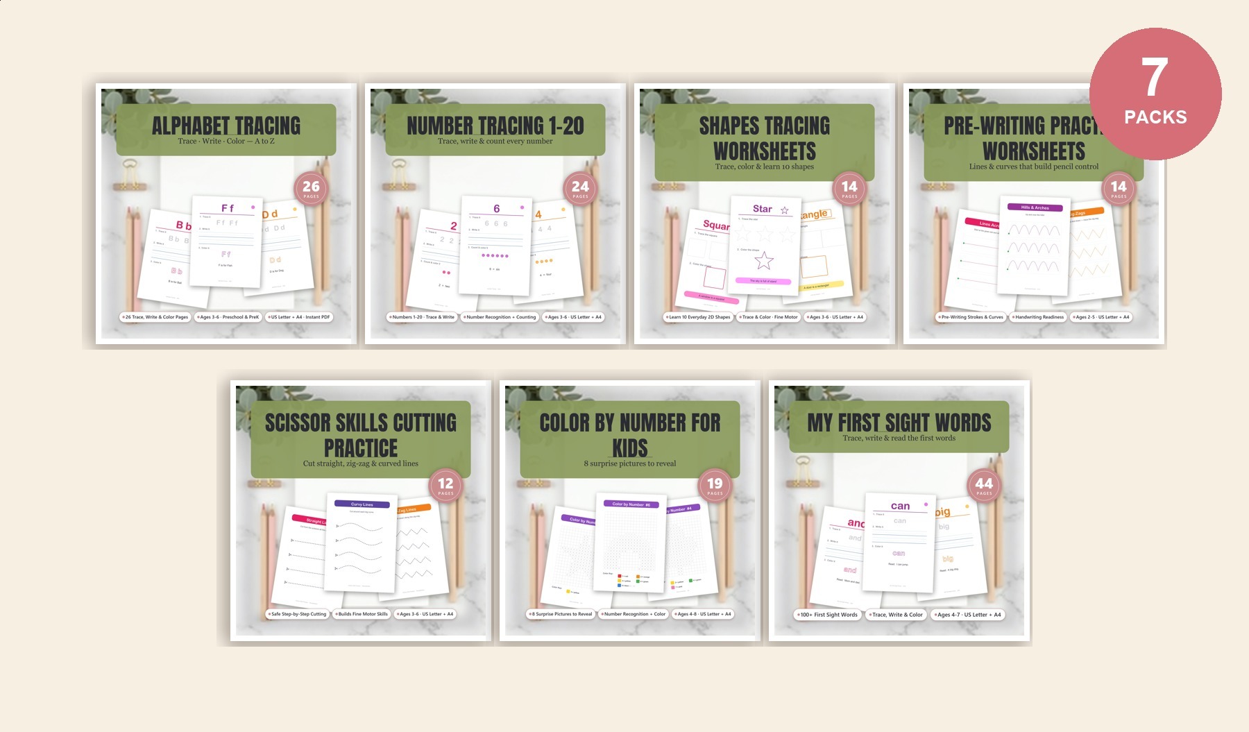 The Complete Preschool Practice Bundle — 7 printable workbooks: alphabet, numbers, shapes, pre-writing, scissors, color by number and sight words