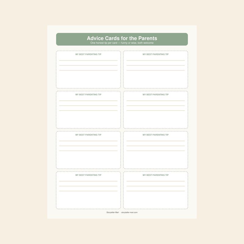 Advice Cards for the Parents printable page — sage and gold