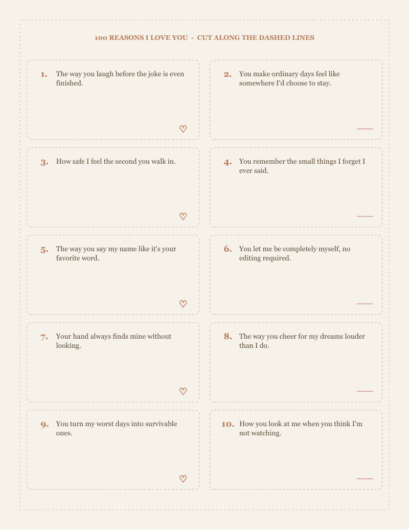 100 Reasons I Love You — printable jar notes