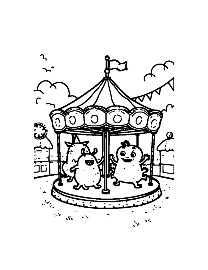 Real sample page from the Funny Monster Coloring Book: monsters riding a carnival carousel