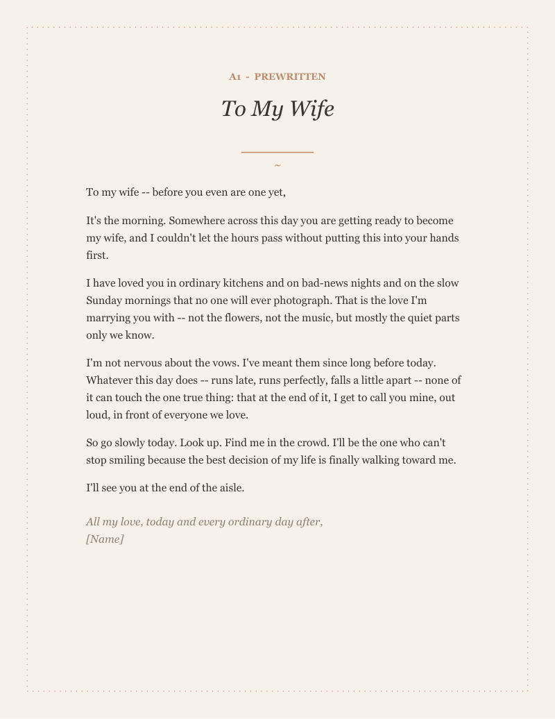 To My Wife — prewritten wedding morning letter
