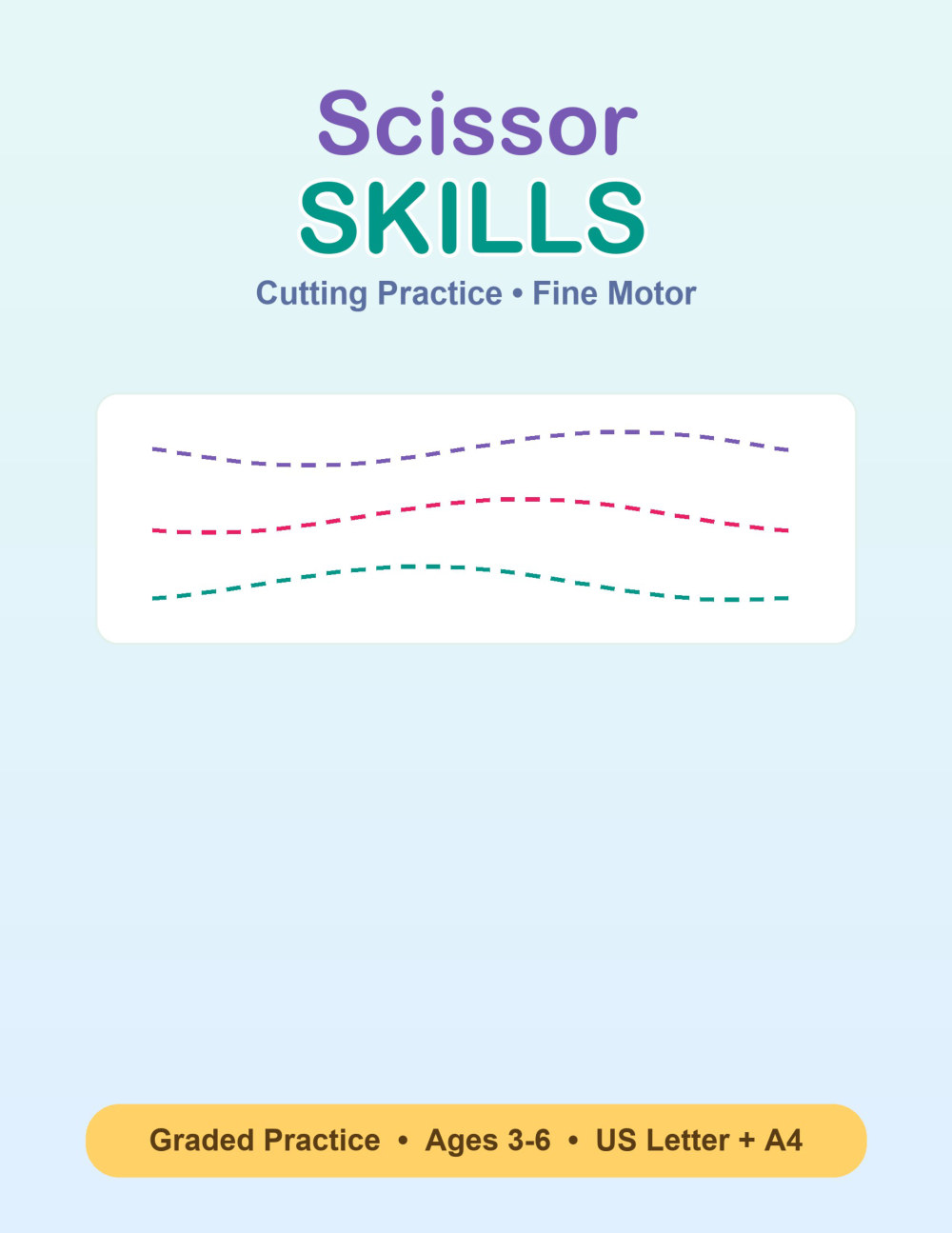 Scissor Skills cover &mdash; a real preview of the printable pages, ages 3-6.