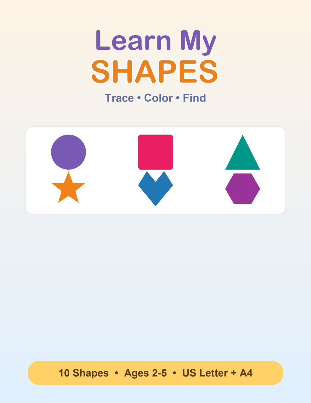 Learn My Shapes cover &mdash; a real preview of the printable pages, ages 2-5.